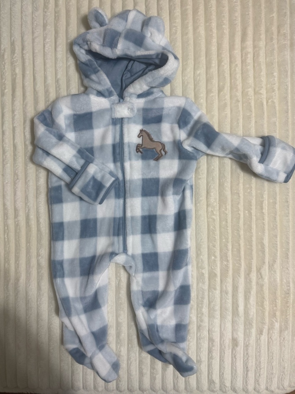Baby Gear Blue and White Plaid Fleece Footed One-Piece with Hood